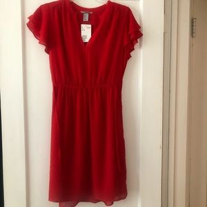 NWT Red Swiss Dot Cinch Waist Flutter Sleeve H&M Dress